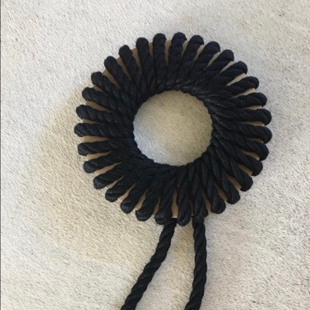 Black rope bracelet XL with 6 in diameter wood ring & silver metal cord end caps